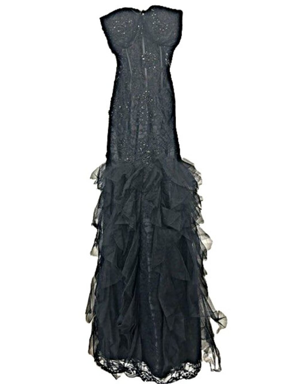 Atria Couture Strapless Black Lace & Ruffle Formal Gown — Size 2